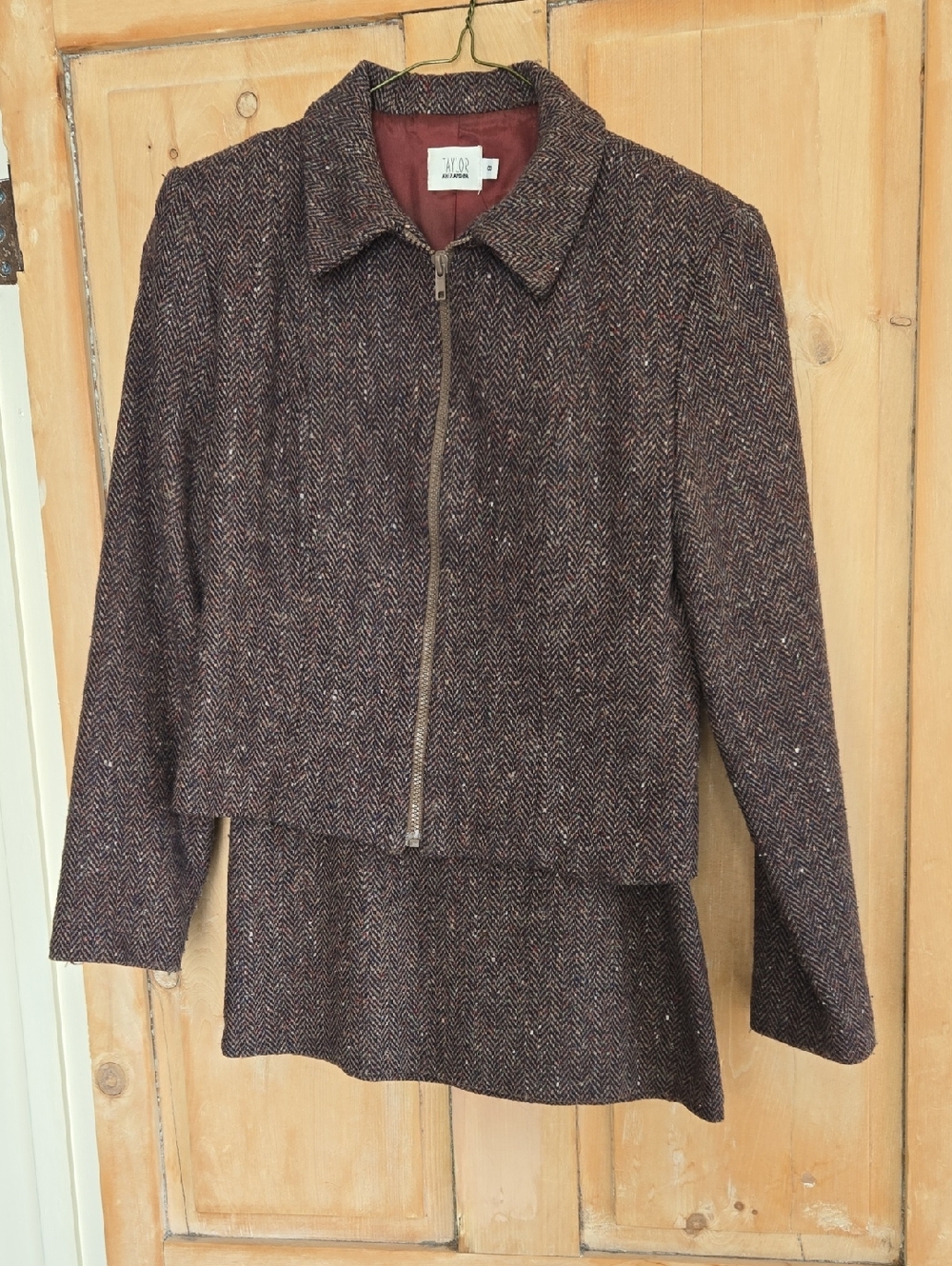 Taylor Alexandra  Brown Herringbone Zip Blazer And Matching Skirt